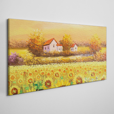 Sunflower fields and village houses Canvas Wall art