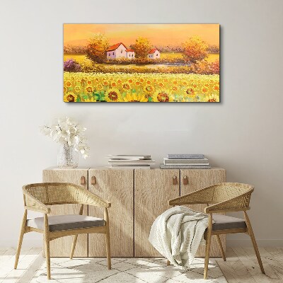 Sunflower fields and village houses Canvas Wall art