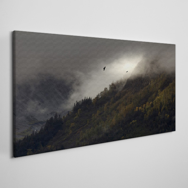 Misty mountain panorama with birds Canvas print