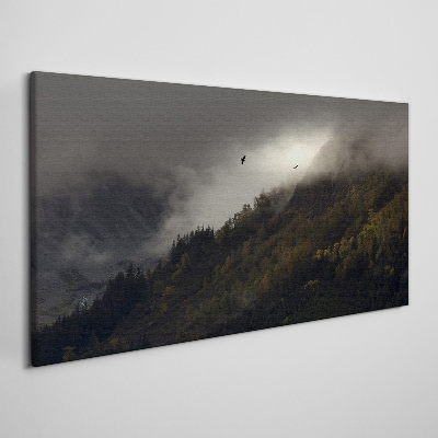 Misty mountain panorama with birds Canvas print