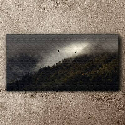 Misty mountain panorama with birds Canvas print