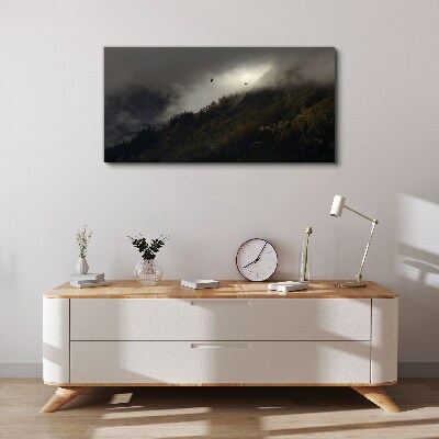 Misty mountain panorama with birds Canvas print