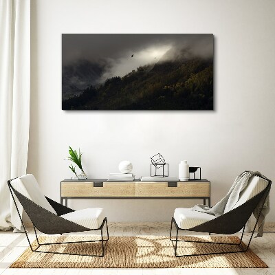 Misty mountain panorama with birds Canvas print