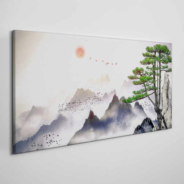 Sun mountain mist tree Canvas Wall art