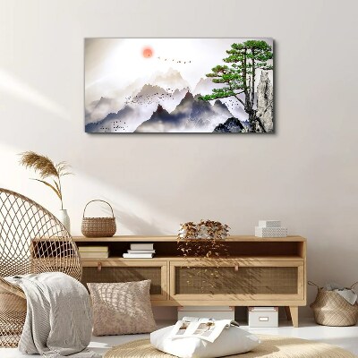 Sun mountain mist tree Canvas Wall art