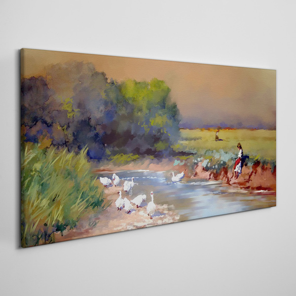 A peaceful landscape with ducks by the river Canvas print