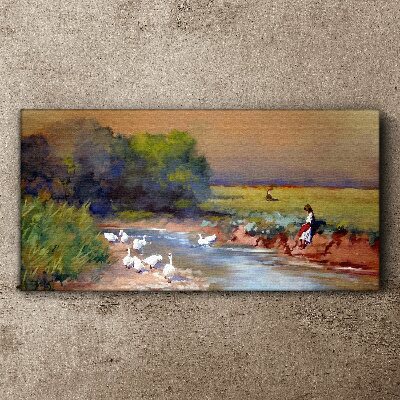 A peaceful landscape with ducks by the river Canvas print