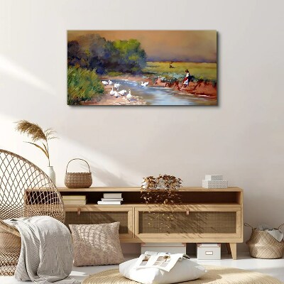 A peaceful landscape with ducks by the river Canvas print