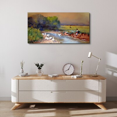 A peaceful landscape with ducks by the river Canvas print