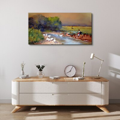 Painting geese villagers Canvas print
