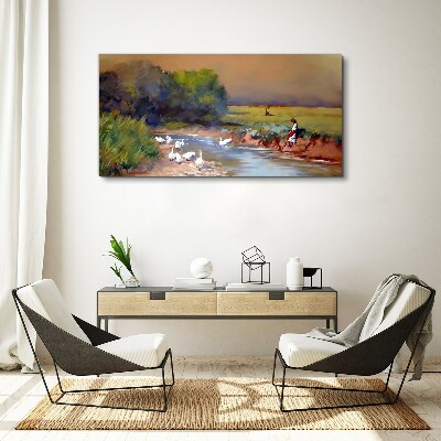 Painting geese villagers Canvas print