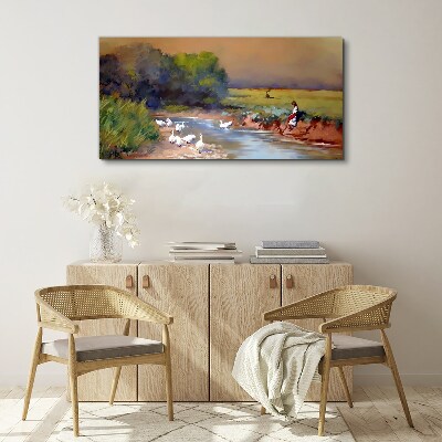 A peaceful landscape with ducks by the river Canvas print