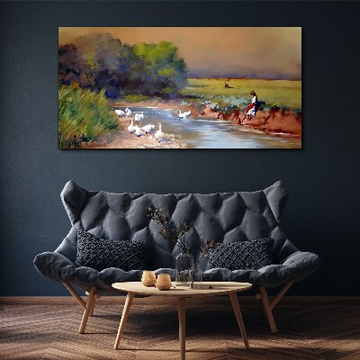 A peaceful landscape with ducks by the river Canvas print