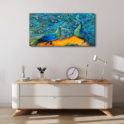 Dancing peacocks in a colorful display Canvas Wall art