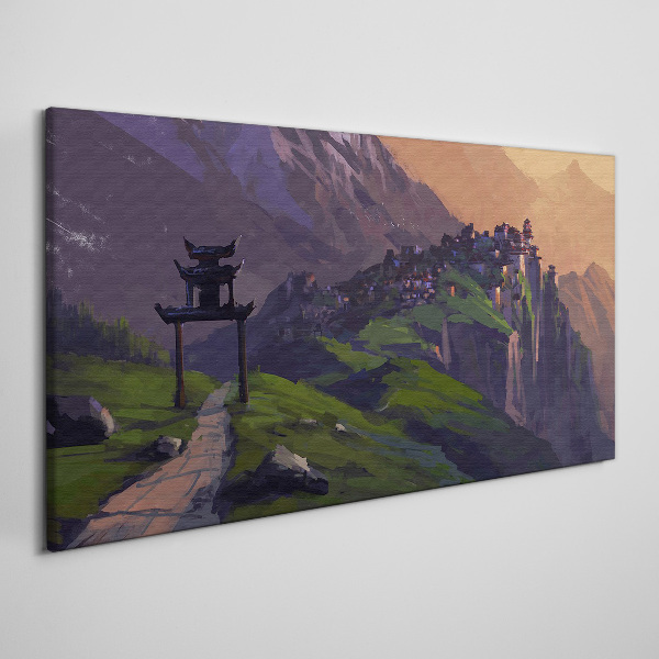Misty mountain landscape with a pagoda Canvas print