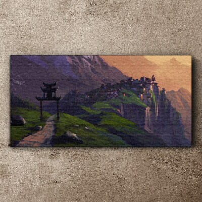 Misty mountain landscape with a pagoda Canvas print