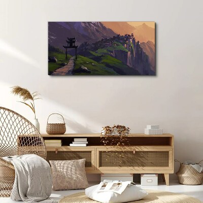 Misty mountain landscape with a pagoda Canvas print