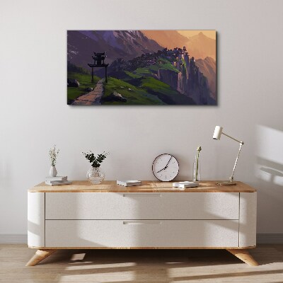 Misty mountain landscape with a pagoda Canvas print