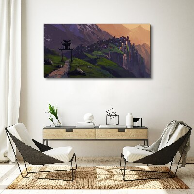 Misty mountain landscape with a pagoda Canvas print