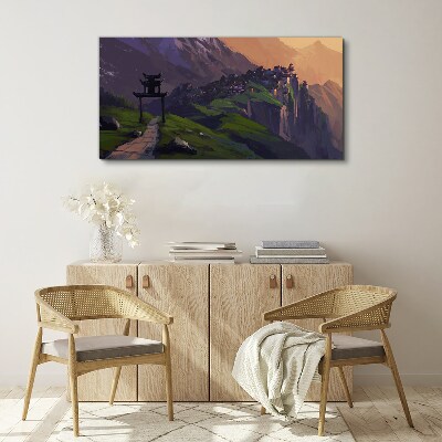 Misty mountain landscape with a pagoda Canvas print