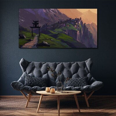 Misty mountain landscape with a pagoda Canvas print