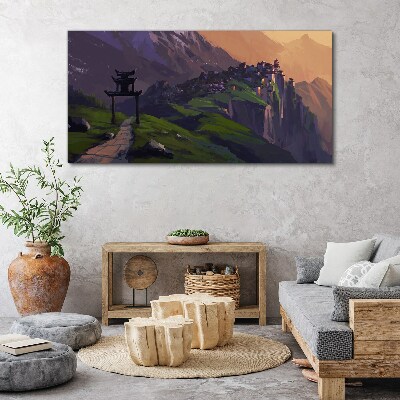 Misty mountain landscape with a pagoda Canvas print