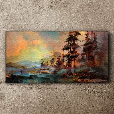 Painting village tree top Canvas print