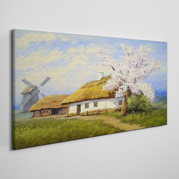 Rural landscape with a windmill and flowers Canvas print