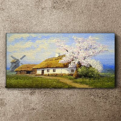 Rural landscape with a windmill and flowers Canvas print