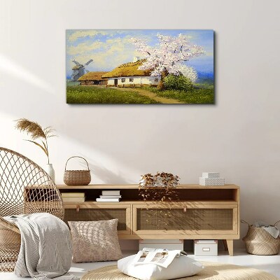 Rural landscape with a windmill and flowers Canvas print
