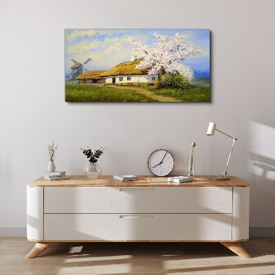 Rural landscape with a windmill and flowers Canvas print