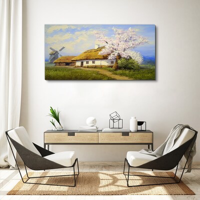 Rural landscape with a windmill and flowers Canvas print