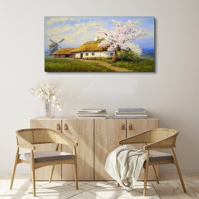 Rural landscape with a windmill and flowers Canvas print