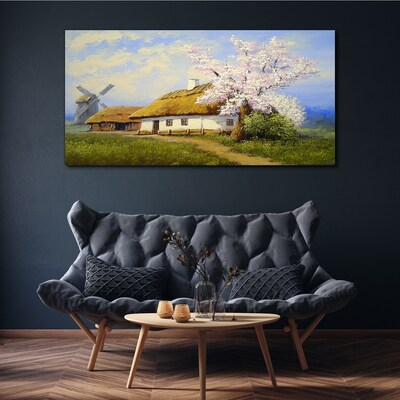 Rural landscape with a windmill and flowers Canvas print