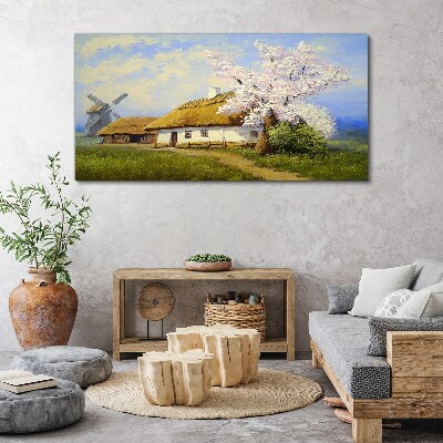 Rural landscape with a windmill and flowers Canvas print