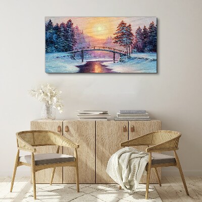 Painting winter trees bridge Canvas print