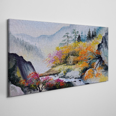 Abstraction mountains trees fog Canvas Wall art