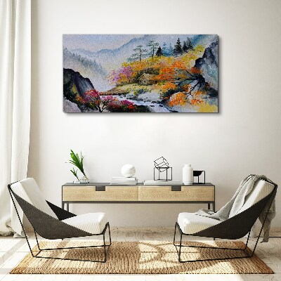 Abstraction mountains trees fog Canvas Wall art