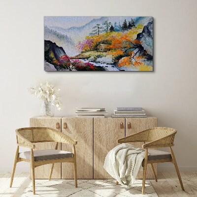 Abstraction mountains trees fog Canvas Wall art