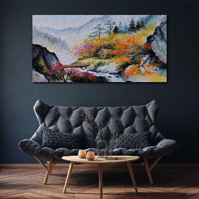 Abstraction mountains trees fog Canvas Wall art