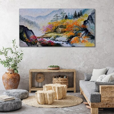 Abstraction mountains trees fog Canvas Wall art