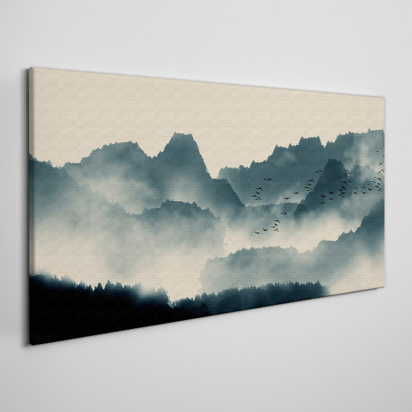Misty mountain landscape with birds Canvas print