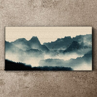 Misty mountain landscape with birds Canvas print