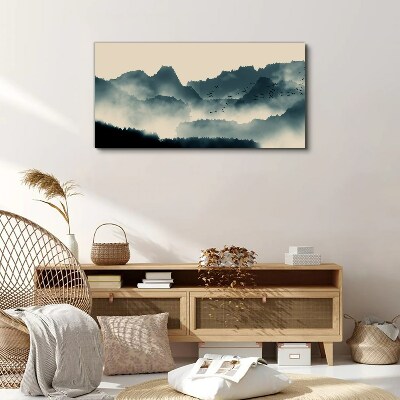 Misty mountain landscape with birds Canvas print