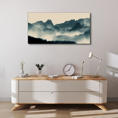 Misty mountain landscape with birds Canvas print