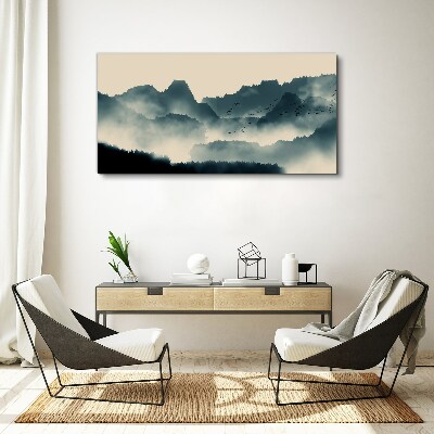 Misty mountain landscape with birds Canvas print