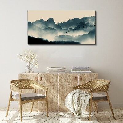 Misty mountain landscape with birds Canvas print