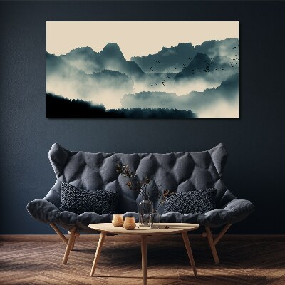 Misty mountain landscape with birds Canvas print