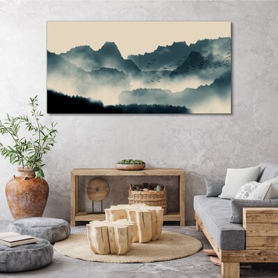 Misty mountain landscape with birds Canvas print