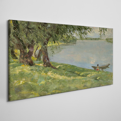 Painting boat lake tree Canvas print
